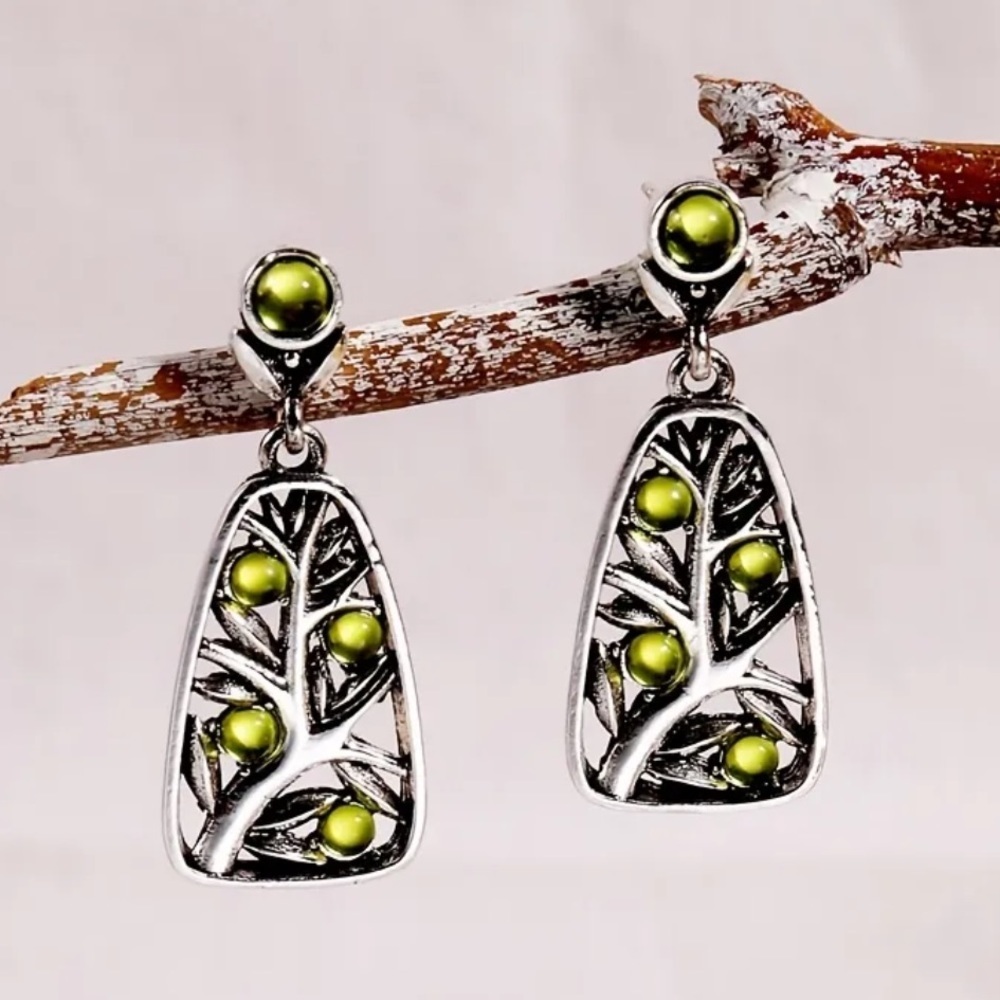 925 Sterling Silver Plated Green Synthetic Gemstone Boho Tree Earrings